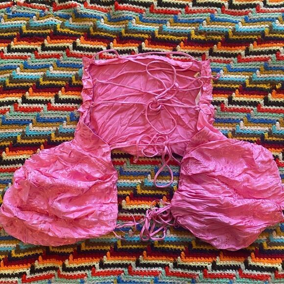 Lace Back Pink Puff Sleeve Leopard crop top Small - Picture 3 of 3